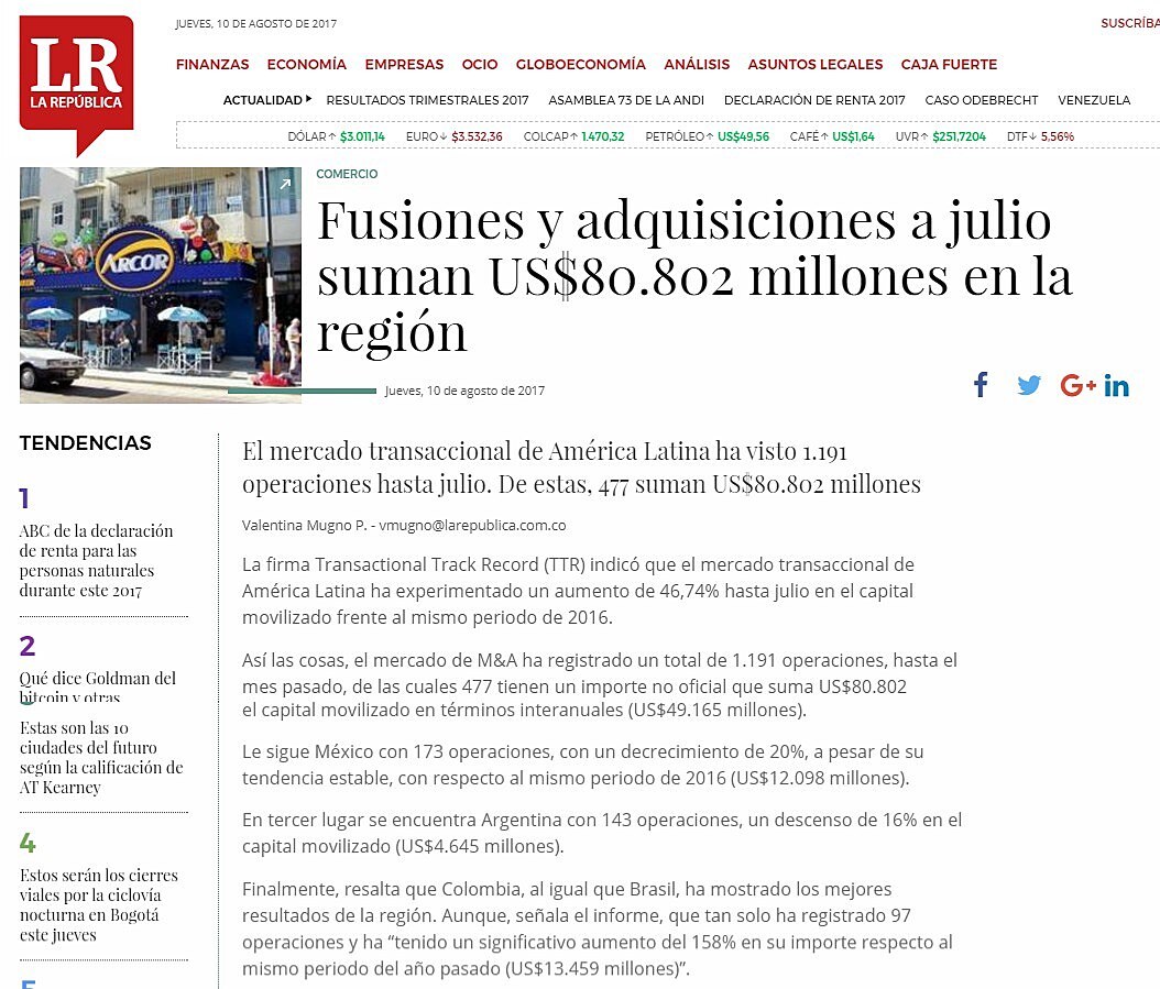 Fusiones y adquisiciones a julio suman US$80.802 millones en la regin